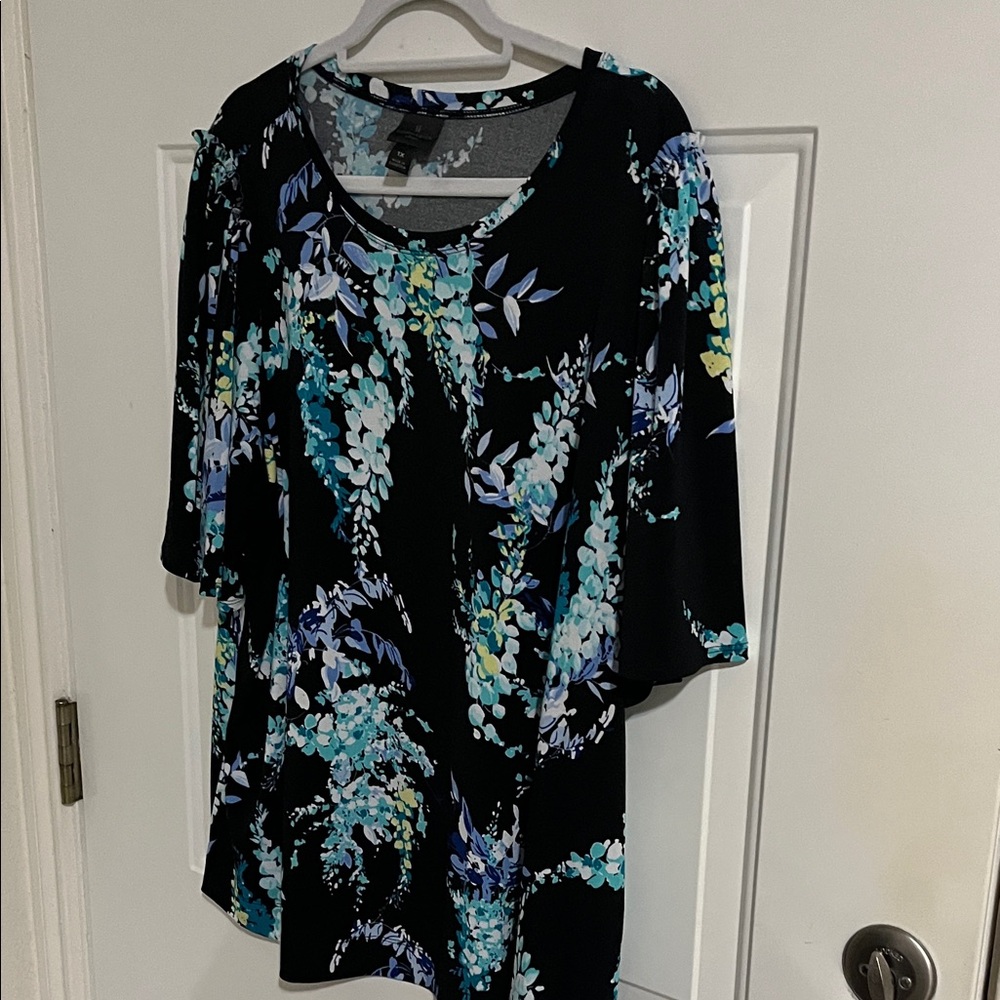 Worthington Black Scoop Neck Top with Blue & Teal Floral Print